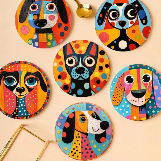 6 Pcs Cute Dog Coaster Handcrafted Thick Wood Coasters for Home Bar Office Desk Farmhouse Decor Heat-Resistant Drink Cup Coaster for Table Protection