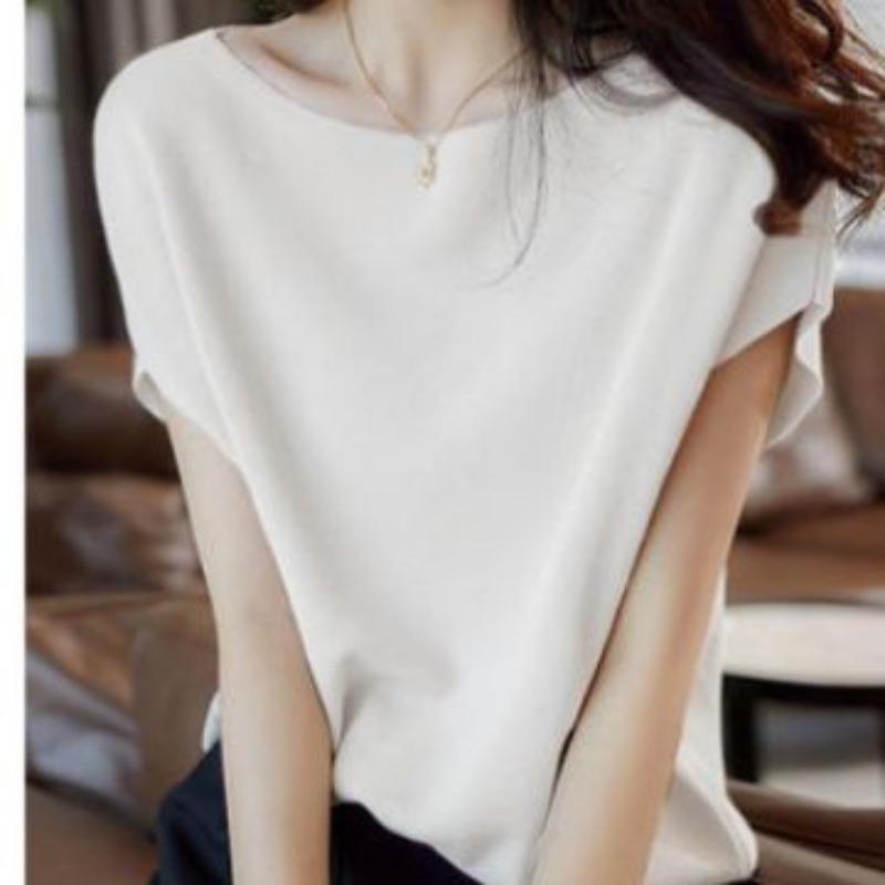 Ice Silk T-shirt for Women In Summer with Bat Sleeves Loose and Slimming Thin Knit Sweater
