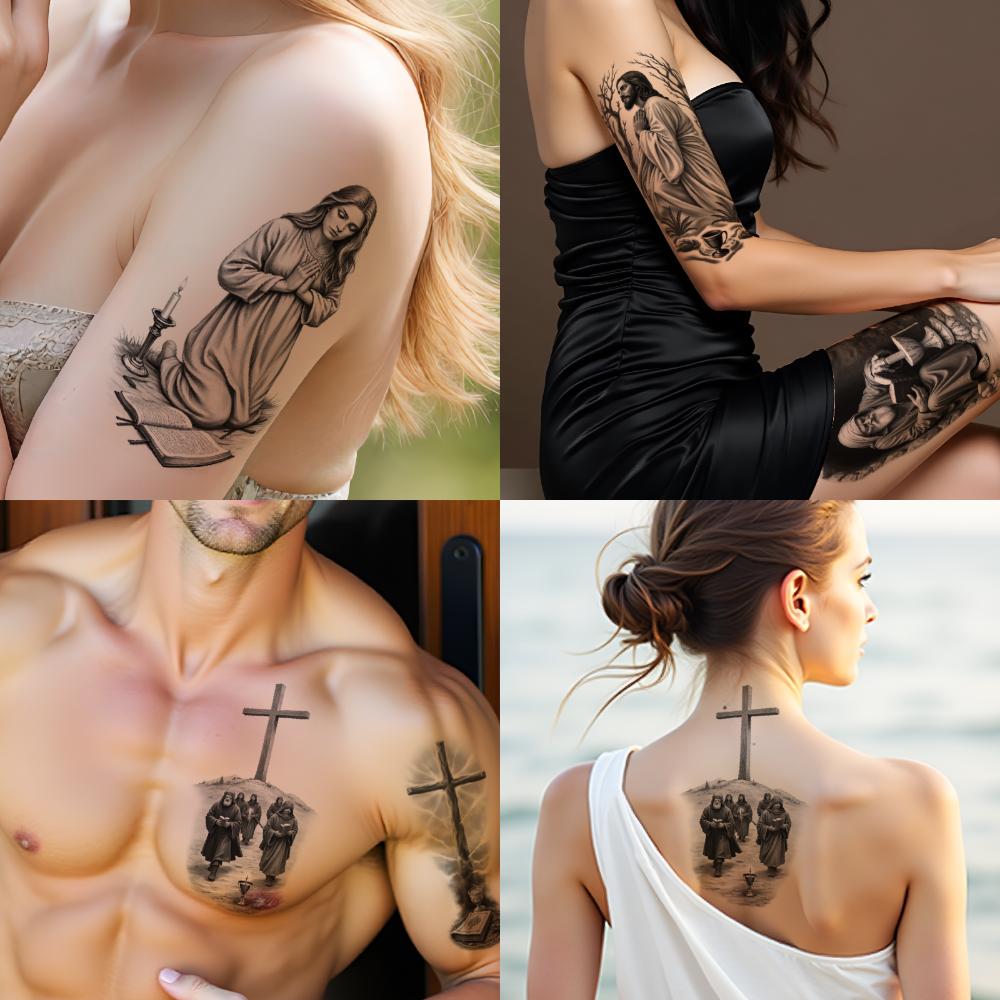 3pcs Temporary Tattoo Black And Grey Realism Praying Woman Book Virgin Mary For Arms Men Thighs