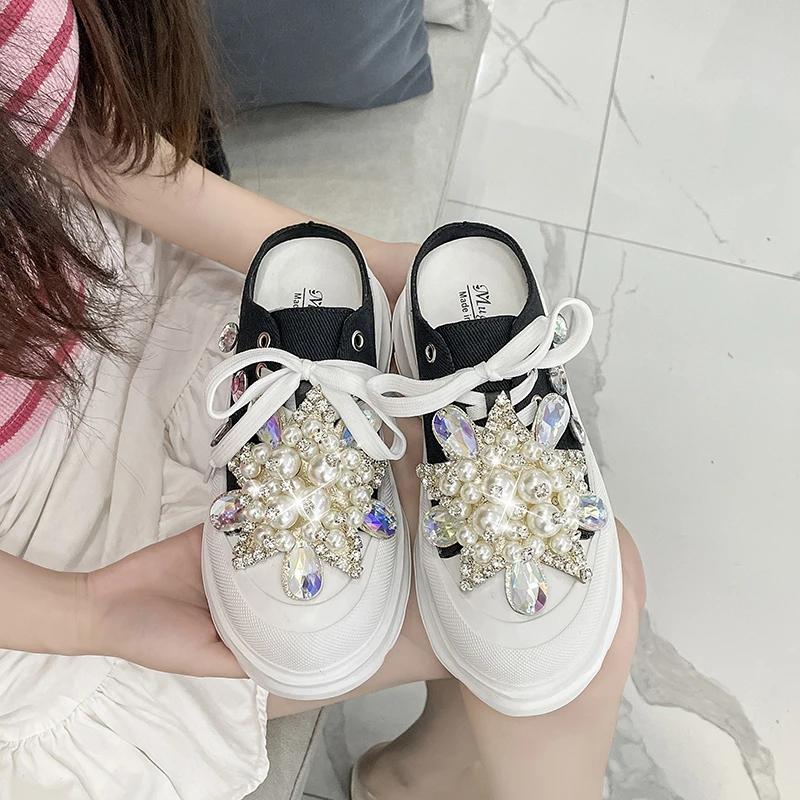 Primăvară Nou Adidași de Damă Papuci Designer Mules cu Platformă Sandale Plate Dulci Casual cu Șireturi Cristal de Perlă Pantofi de Damă Decupați