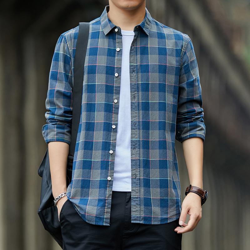 Men's Long Sleeved Checkered Shirt Casual Loose Pure Cotton Shirt
