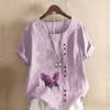 Women's Fashion Round Neck Short Sleeve T-shirt Casual Cotton Linen Graphic Shirt Leisure Loose Lavender Prined Summer Blouse Tops