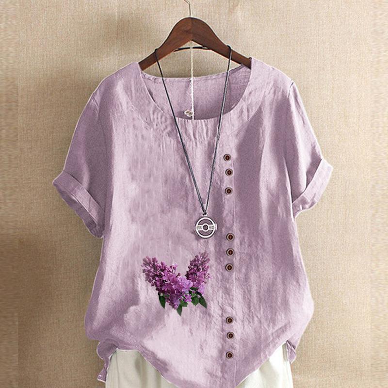 Women's Fashion Round Neck Short Sleeve T-shirt Casual Cotton Linen Graphic Shirt Leisure Loose Lavender Prined Summer Blouse Tops