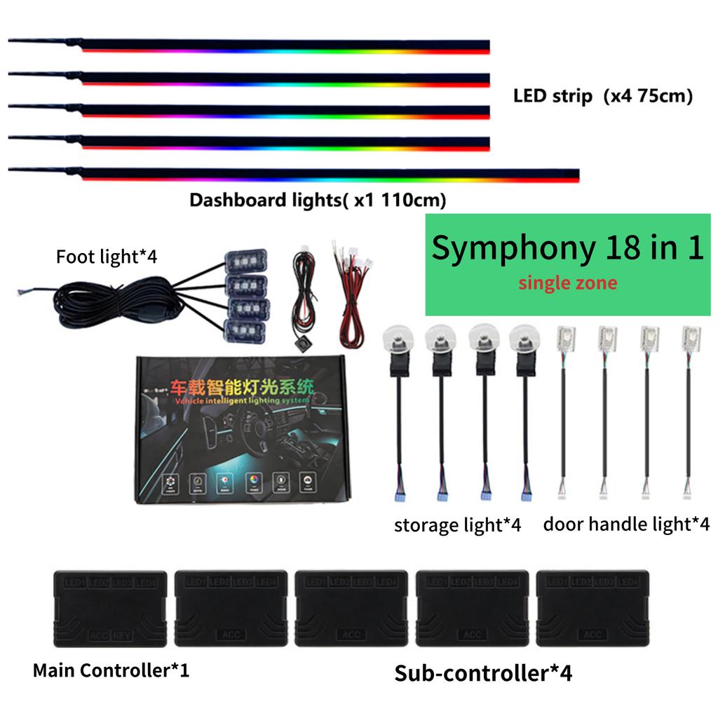 18 in 1 Symphony single zone Car Ambient Light Interior Acrylic Guide LED Strip Light Decoration Atmosphere Lamp by APP Control