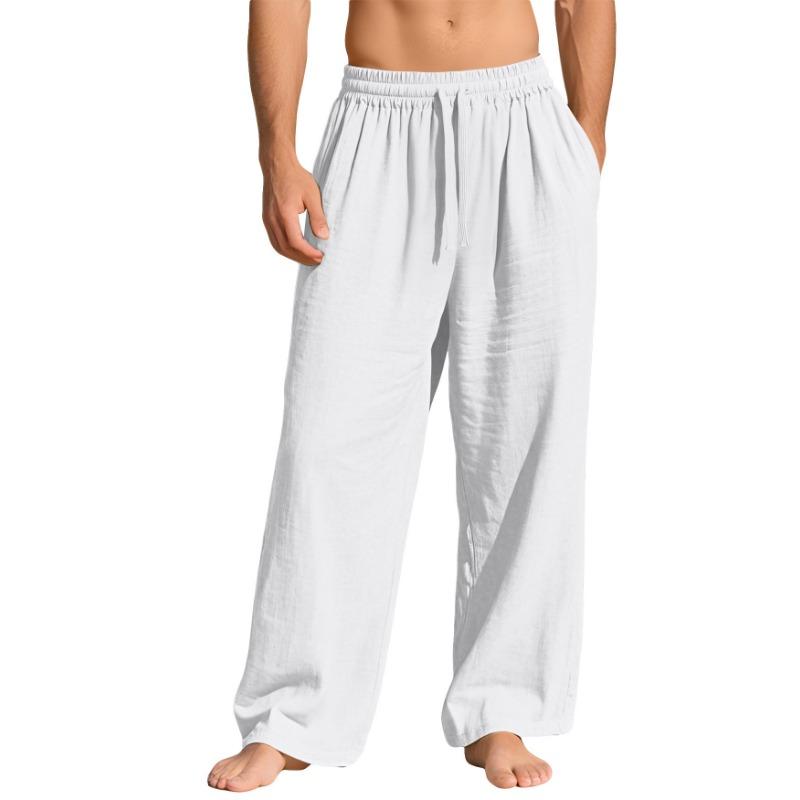 Men Linen Blend Drawstring Waist Wide Leg Casual Pants With Back Pocket S белый