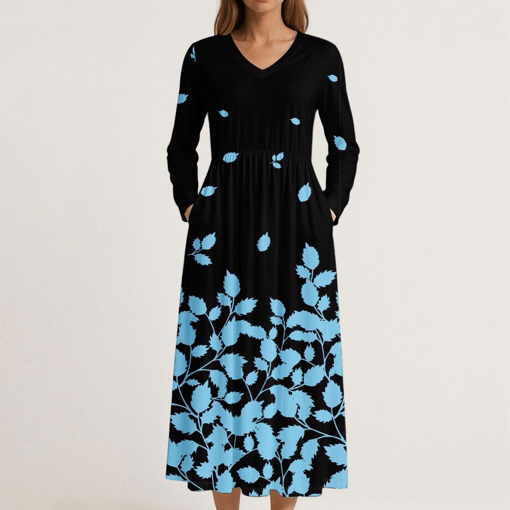 Kjole for kvinner Lang Boho Strandkjole Elegant Maxikjole V-hals Langermet Kjole med Lommer