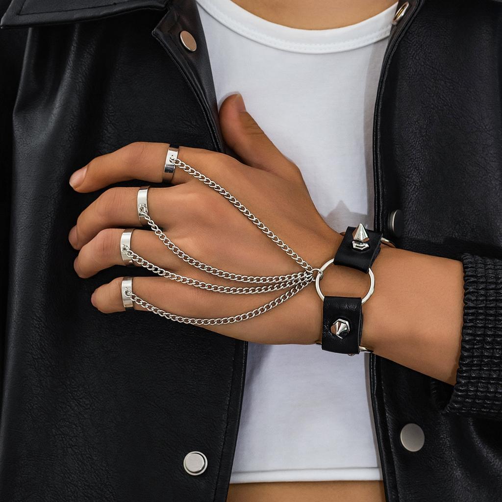 DIEZI Cuban Link Chain Finger Ring Bracelet For Men Women Vintage Black PU Leather Rivet Wrap Bracelet Cosplay Gift New Jewelry