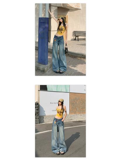 Women's Retro Washed Wide-Leg High-Waisted Slimming Floor-Length Spring Jeans