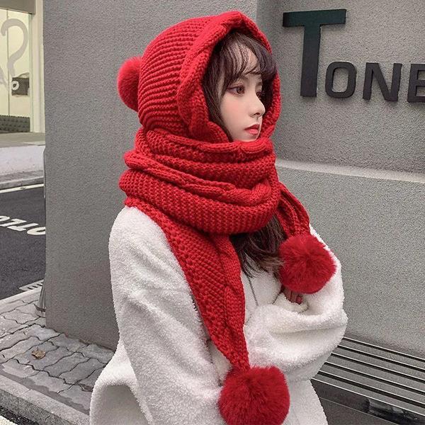 

WTEMPO Retro Elegant Woolen Caps Versatile Autumn and Winter All-in-one Hats with Scarf Cute Pom-pom Ear Protection Thick Warm Knitted Hats 1pc*one size красный
