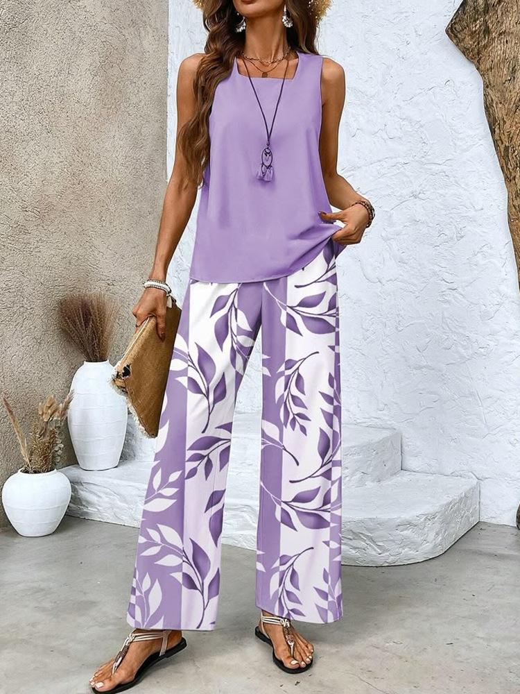 

Sleeveless Top and Palm Print Wide Leg Pants Set in 4 Colors S лавандовий