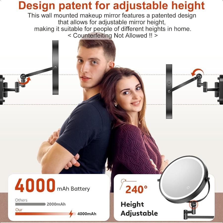 9 Wall Mounted Lighted Makeup Mirror4000mAh Rechargeable Double Sided 1X 20X Magnifying Mirror with Light Touch Dimmable Extend