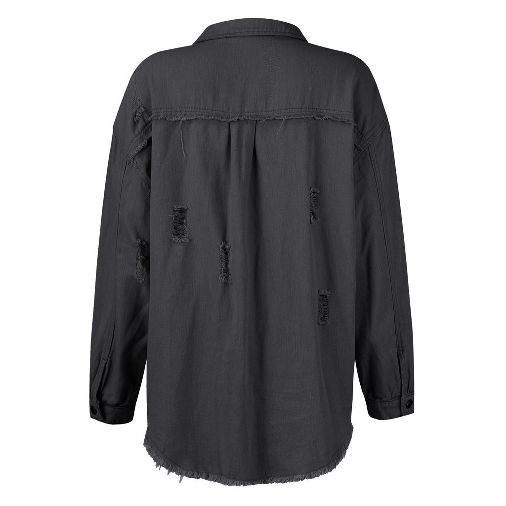 Womens Denim Jacket Button Down Shirts Distressed Frayed Coat  With Pockets
