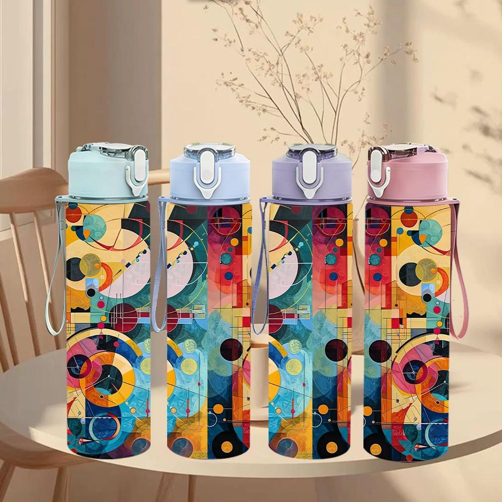 1PC Colorful Abstract Music Boombox Print 750ml Color Plastic Sports Water Bottle Leakproof Flip Straw Lid Suitable for Sports Office Home Use