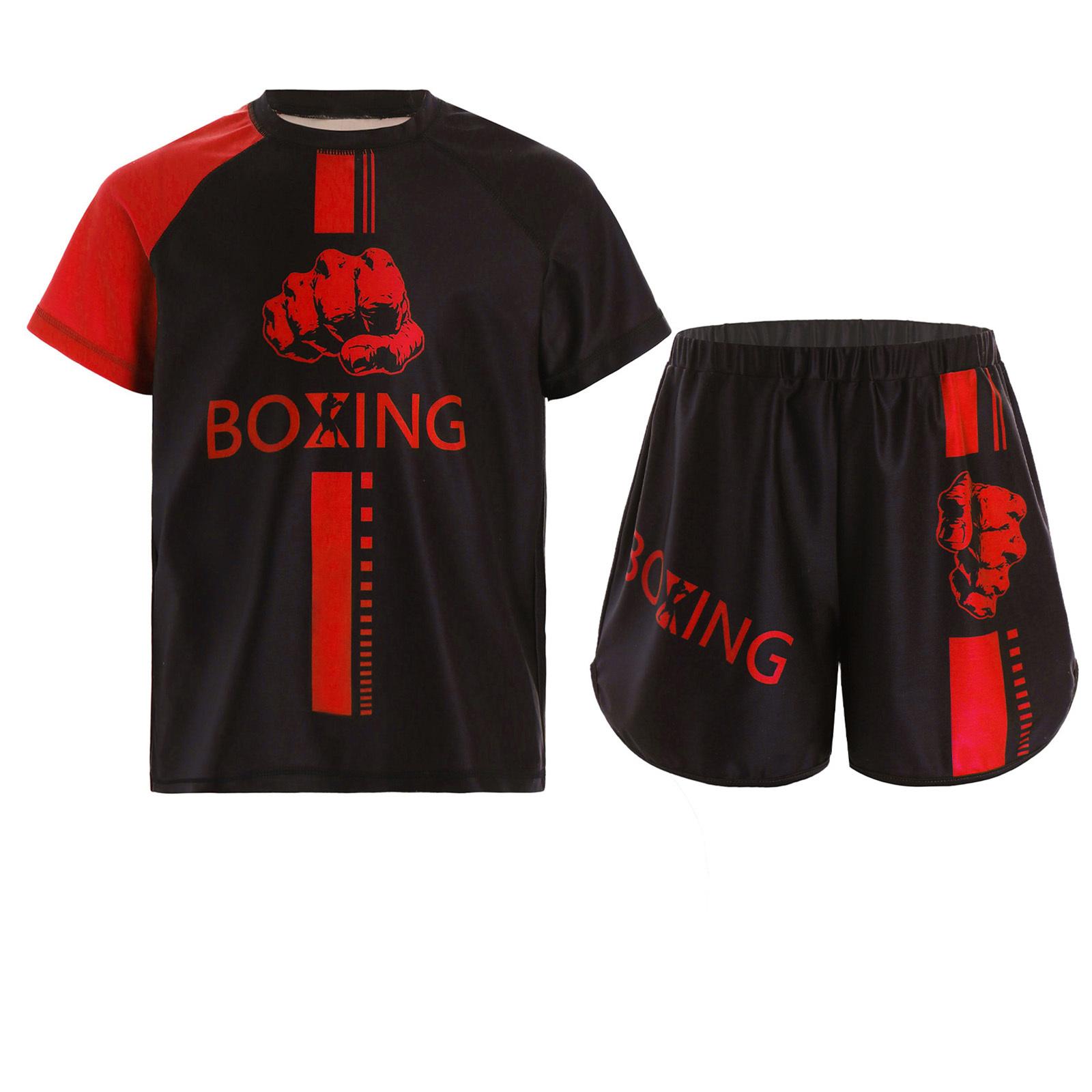 

Boys Color Block Printed Boxer Training Costume Round Neck Short Sleeve Boxing Tshirt Shorts Set 5-6 Years червоний