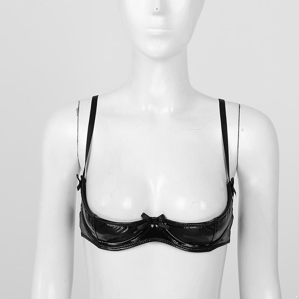 Women Patent Leather Bra Underwired Unlined Brassiere Glossy Design Adjustable Shoulder Straps Lingerie Top