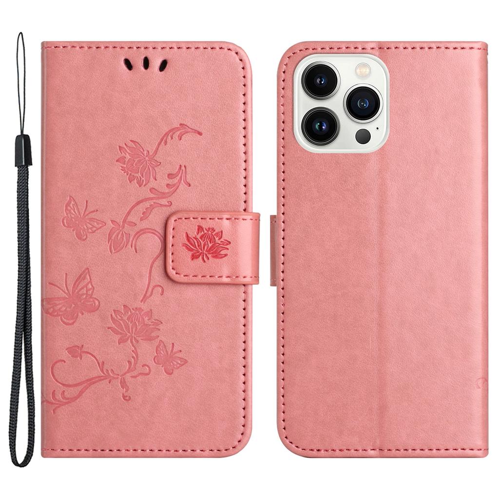 Butterfly Flower Imprinted Leather Case for iPhone 15 Pro,Stand Waller Protective Phone Cover
