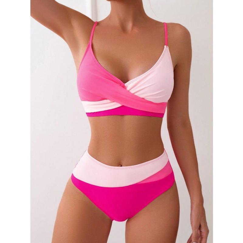 Women's Black and White Color Block Cross Wrap High-Waist Two-Piece Bikini Swimsuit