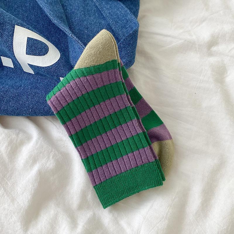 Socks Women Autumn Spring Korea Style Harajuku Street Sport Cotton Stripes Casual Skateboard Mid-tube Sock