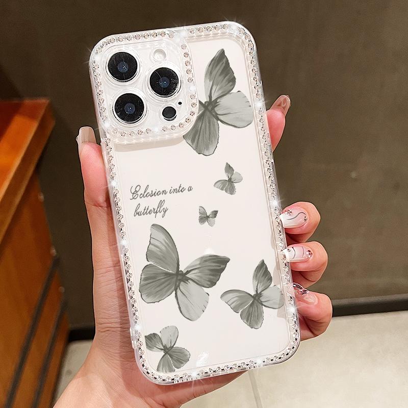 For iPhone 16 Pro 16E 15 Pro Max 14 13 12 11 Phone Case Diamond Frame Butterfly Print Clear Shockproof Soft Silicone Anti-Fall Bumper Cover