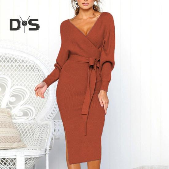 Women Fall Winter Dress V Neck Lace Up Belted Tight Waist Solid Color Knitted Elastic Mid Calf Length Long Sleeve Slim Fit Lady Commute Dress