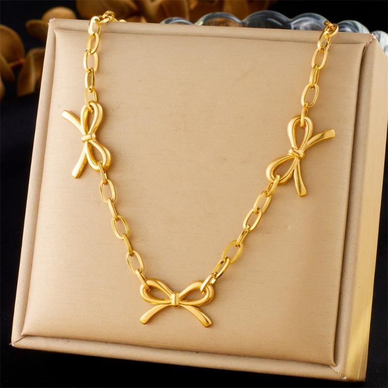 18K Gold Plated Triple Bow Charm Necklace, Dainty Paperclip Chain Bowknot Choker for Women, Cute Daily Jewelry