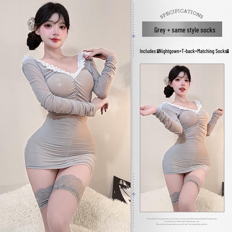 Seductive Lace Trim Bodycon Nightgown Set - Deep V, See-Through, Removable Temptation Style