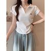 Large Size Front Shoulder Cotton Short-sleeved T-shirt Women's 1111 Summer New Thin College Style POLO Collar Chic Top