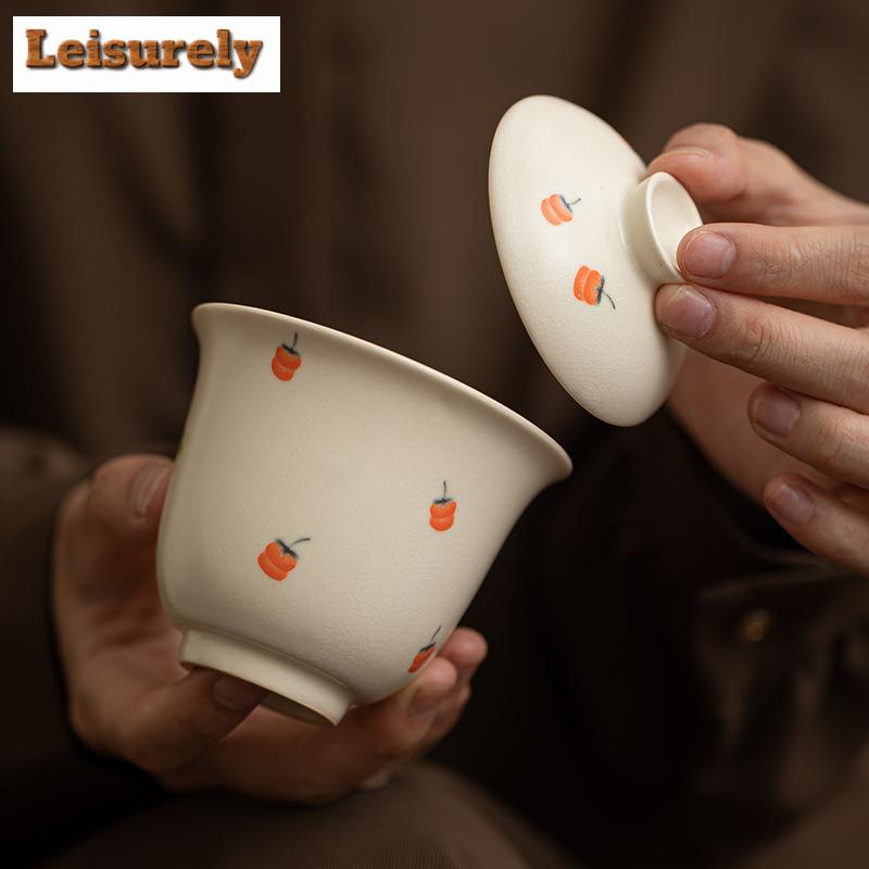150ml Antique Soda Glaze Gaiwan Boutique Persimmon Ruyi Tea Tureen Tea Making Cover Bowl Chinese Tea Set Accessories Decoration