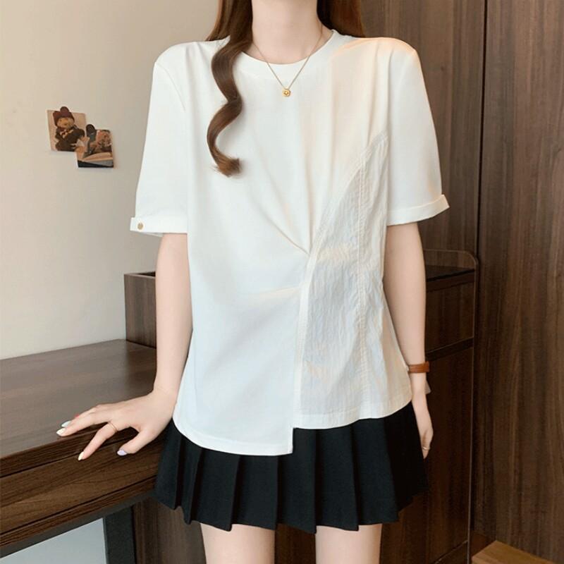 Super Fire Front Shoulder Short-sleeved T-shirt Bottoming Shirt Women's Summer New Loose and Thin Irregular Short Top
