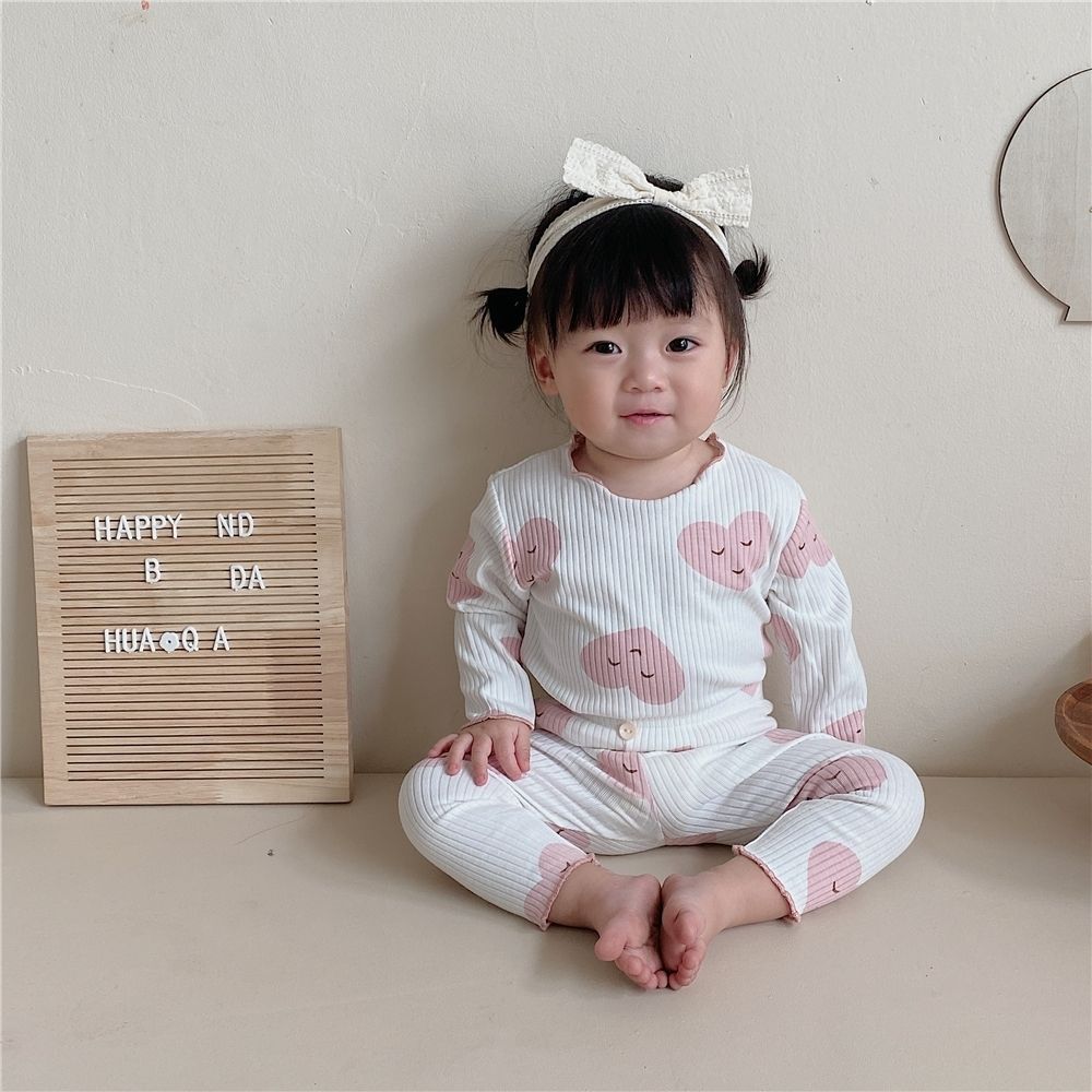 Girls' Home Clothes Baby Girls' Long Sleeve Ribbed Pit Bar Pajamas Two Piece Set with Mushroom Edges