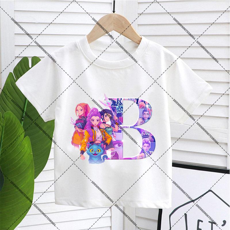 KPop Demon Hunters Child Pullover T-Shirt Cartoon Figure A-Z Letters Short-sleeve Summer Shirt Girl Cotton Casual Loose Clothing