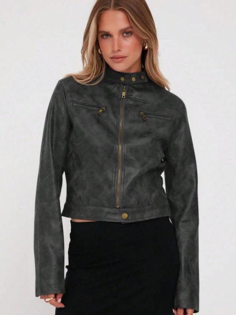 Giacca Moto Corta Vintage da Donna in Ecopelle con Zip e Collo Alto Cappotto Biker Corto Casual