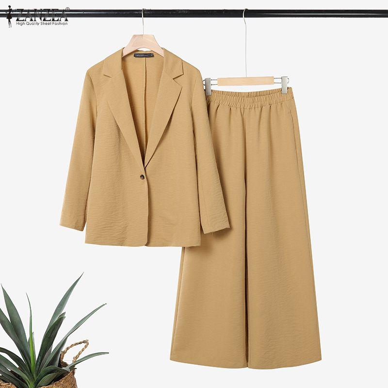ZANZEA Women Long Sleeve Thin Blazer and Pants Casual Two Piece Suit Sets