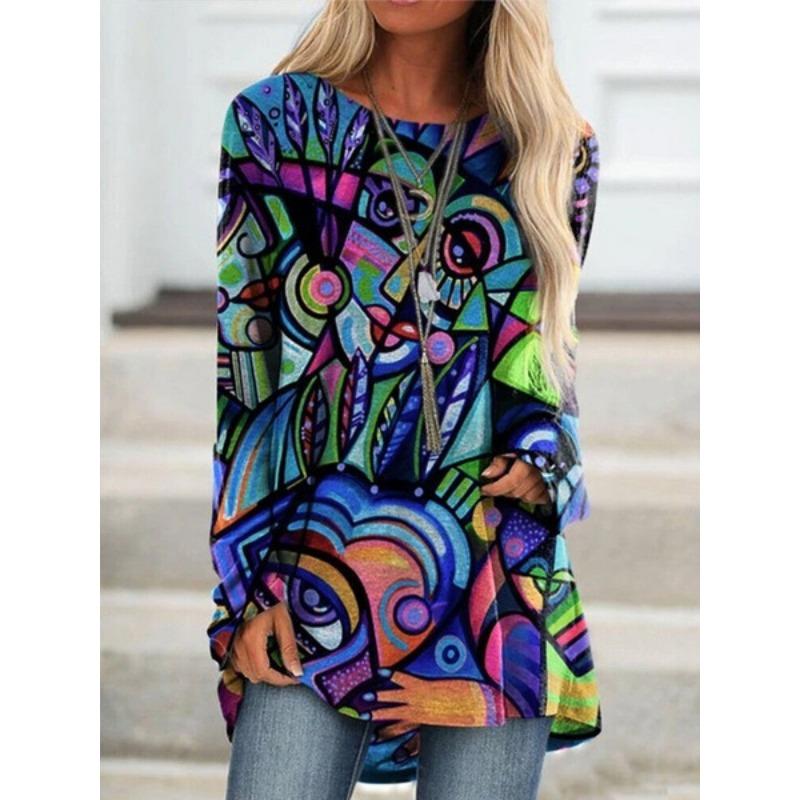 

Осенне-зимняя женская блузка, модная, свободная, повседневная, с круглым вырезом, с цветочным принтом, с длинным рукавом, женские пуловеры 5XL