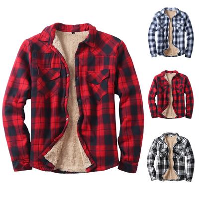 Herren Hemden mit Knöpfen Freizeit Lammfell Karomuster Schmal Geschnitten Langarm Kentkragen Leichte Oberteile Winter Hemden Oberteile