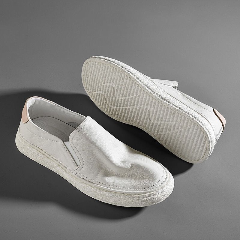 2025 new men's shoes summer breathable first layer cowhide white shoes soft sole one pedal men's casual shoes board shoes