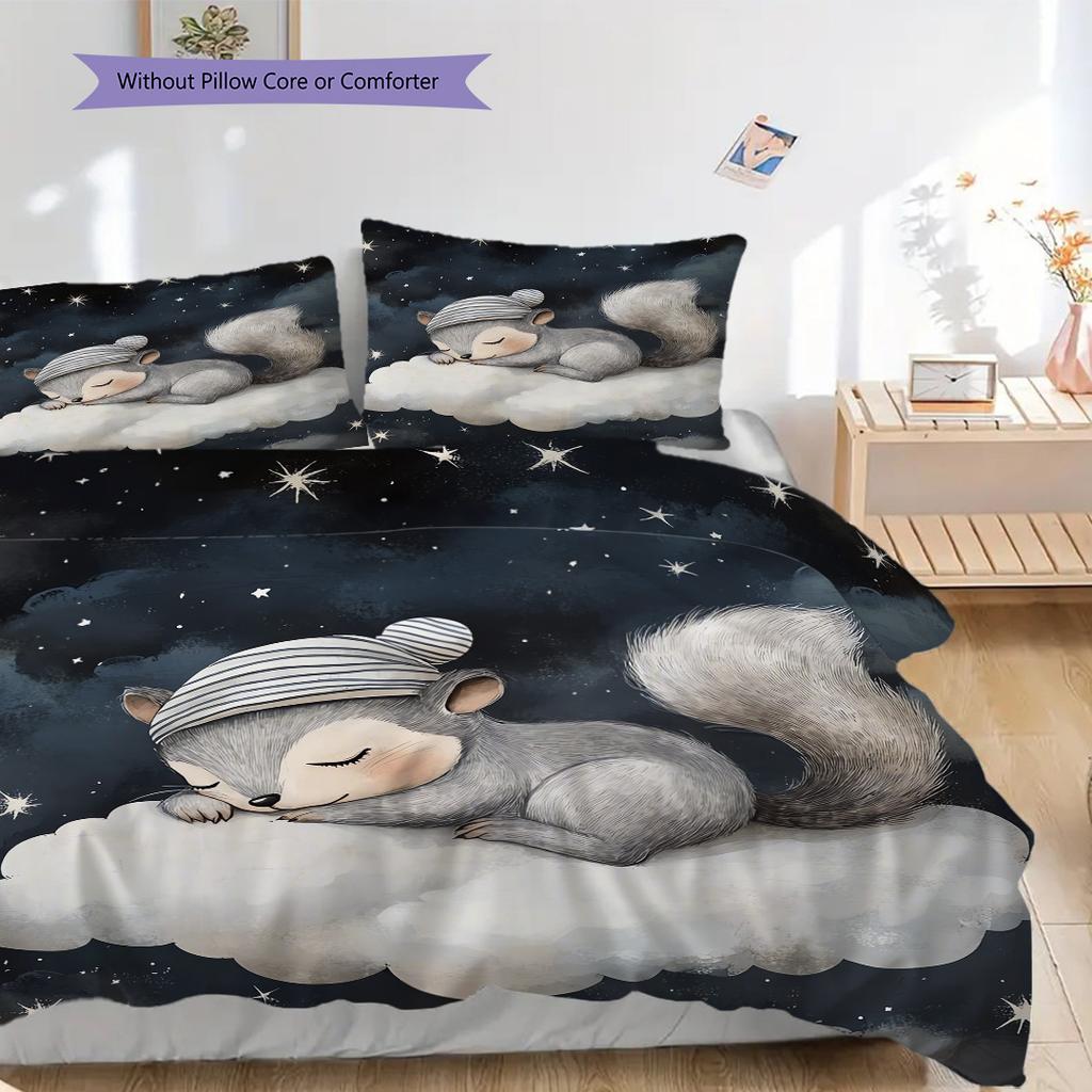 Squirrel Pattern Bedding Quilt Set Quilt Cover Pillowcase Home Decoration Birthday Gift (1 * Duvet Cover + 2 * Pillowcase, Without Core)
