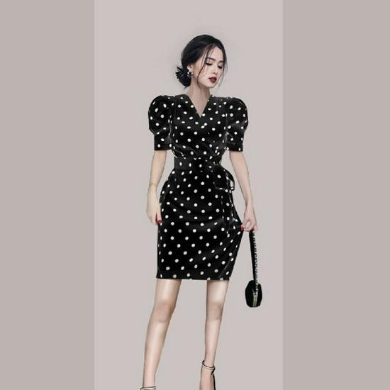 2021 Summer Women's Luxury Slim Puff Sleeve Polka Dot Slit Dress