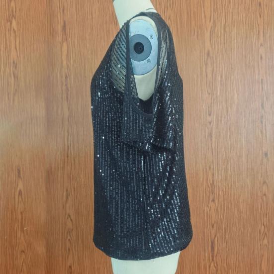 Damen Oberteile Rundhals Schulterfrei Kurzarm Pullover Tops Glänzende Pailletten Sexy Party T-Shirt Urlaubs-Date-Kleidung