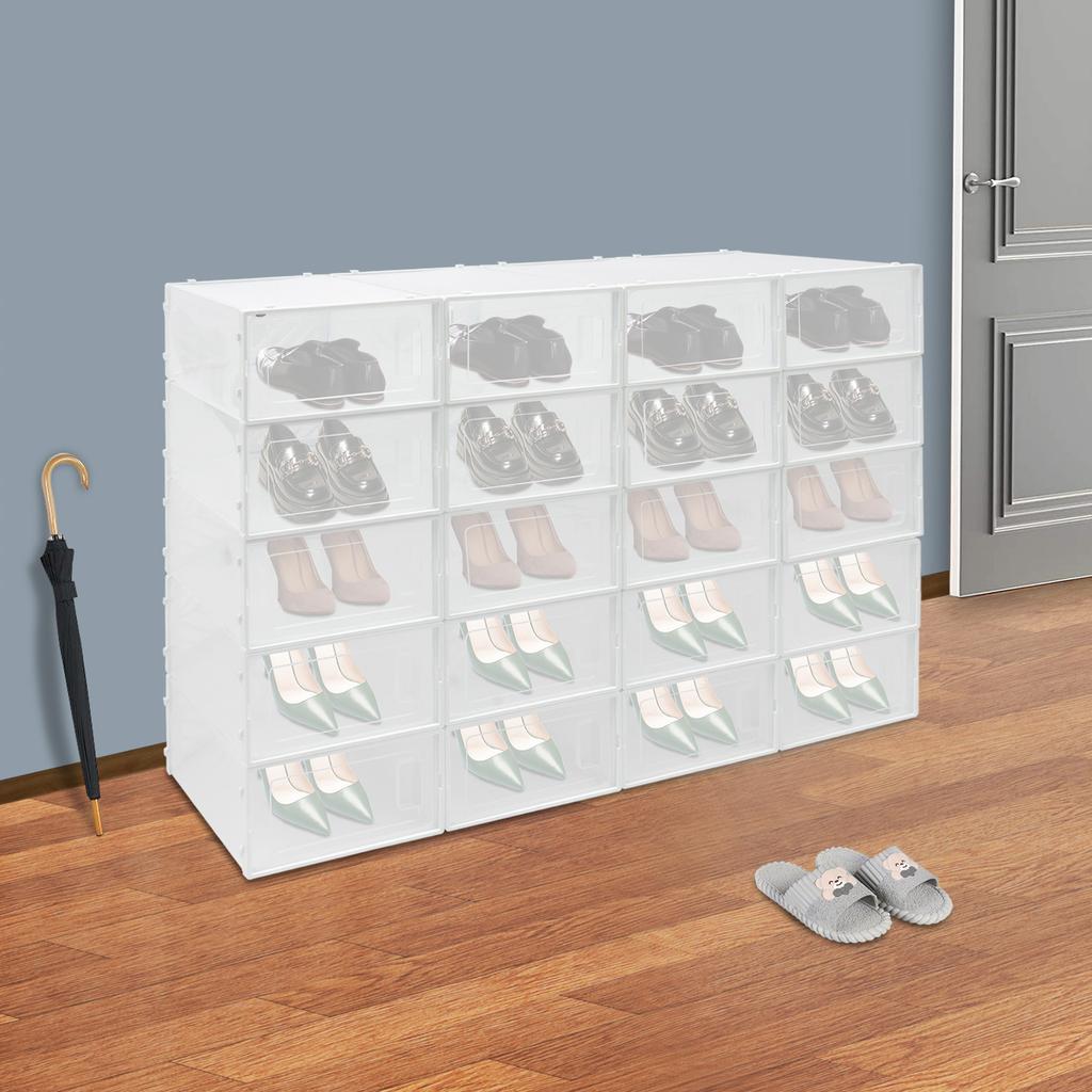 Stackable Plastic Shoe Storage Boxes, 20 Pack Clear Shoe Organizers with Opening Design, Space‑Saving Foldable Shoe Containers