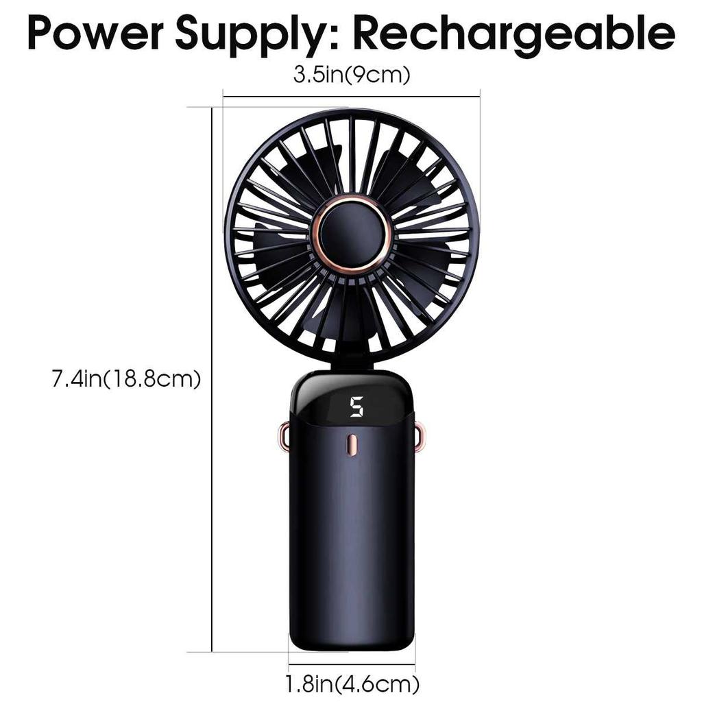 Tragbarer Handheld-Mini-Ventilator 1200mAh USB-Wiederaufladbarer Ventilator 5-Stufen-Einstellung Mit Handyhalterung Display für Zuhause Outdoor-Einsatz