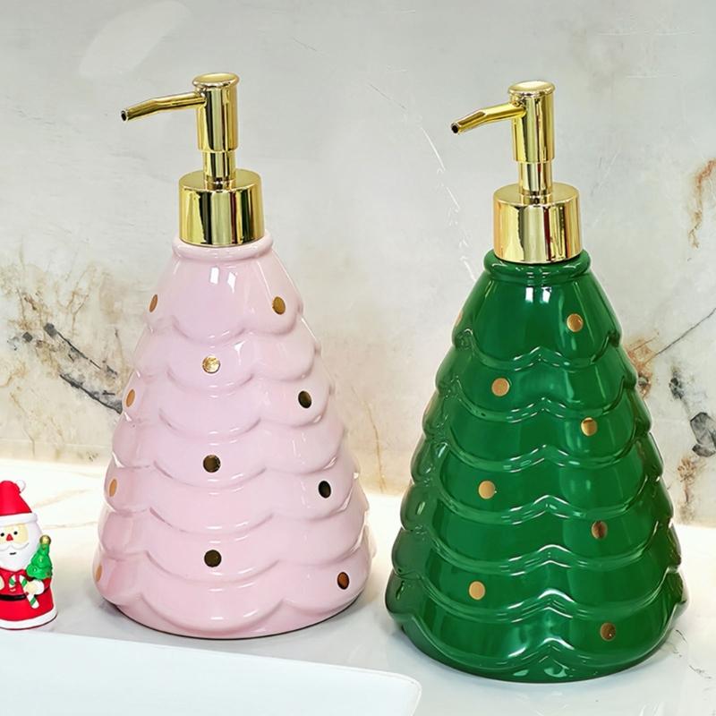Festive Ceramic Pump Bottle Refillable Dispenser For Shampoo Body Wash Storage Christmas Themed Bathroom Accessory