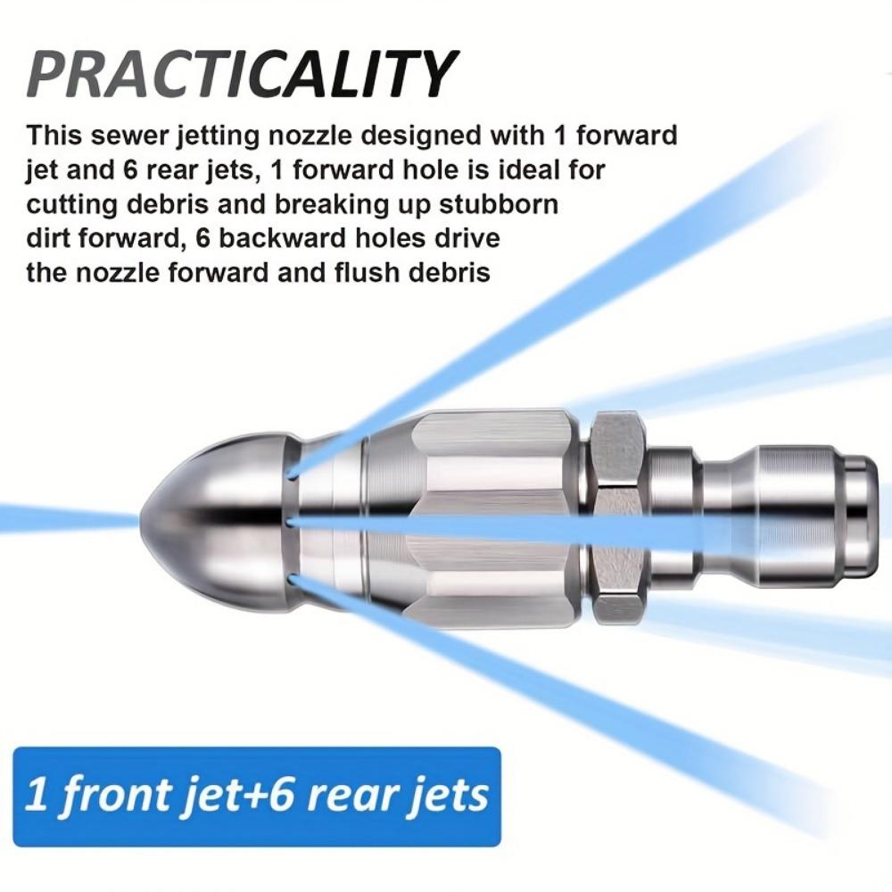 Stainless Steel High Pressure Drain Cleaning Nozzle, 1pc Quick Connect 1/4" Pipe Rotating Spray Head for Clog Removal