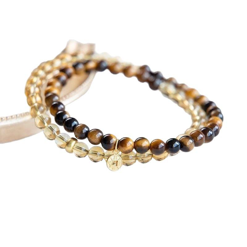 DJ Crystal Natural yellow crystal bracelet, ethnic style, snake zodiac, tiger eye stone, double or multi-loop bracelet