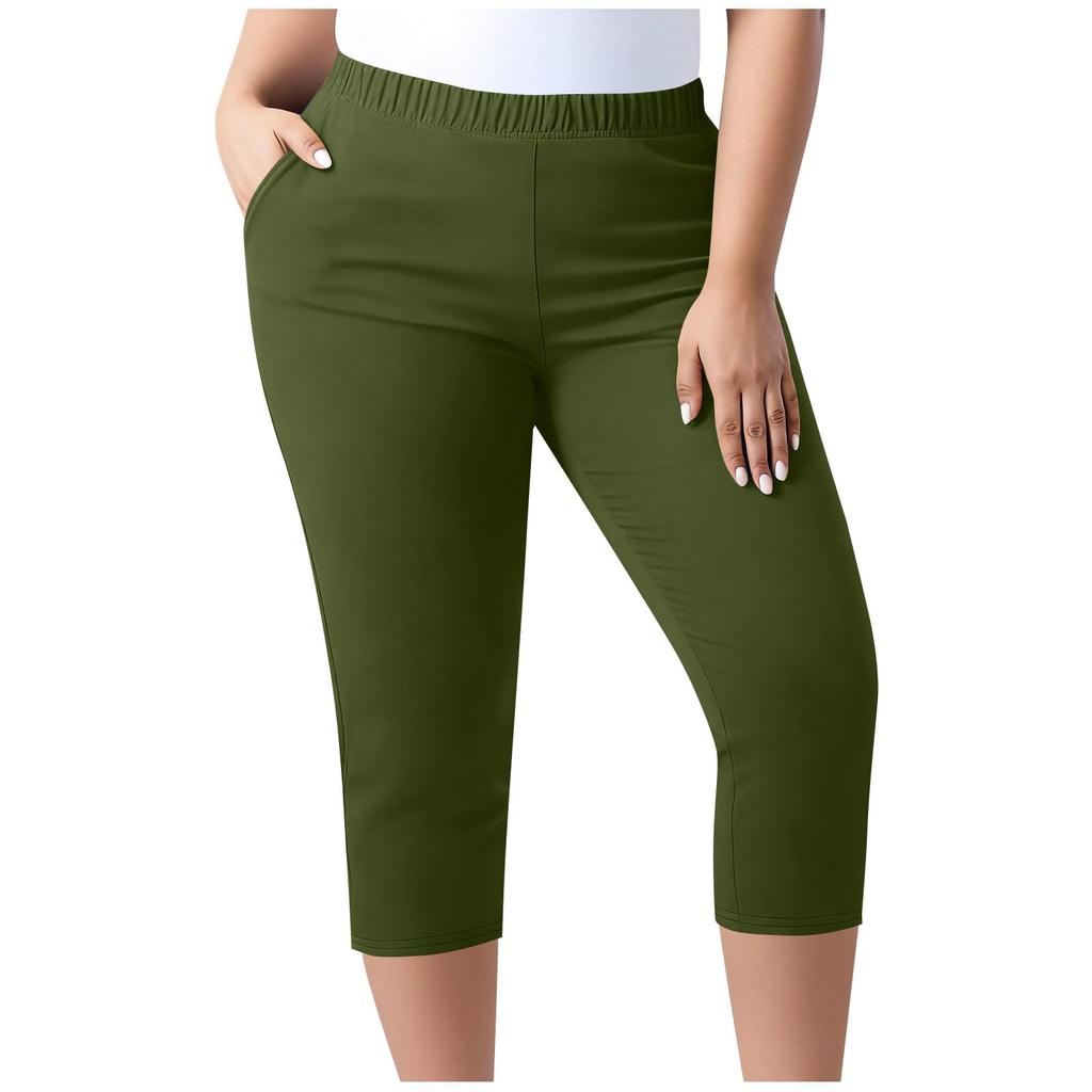 Pantaloni Capri elasticizzati taglie forti da donna con elastico in vita e tasche, pantaloni cropped comodi per l'uso quotidiano