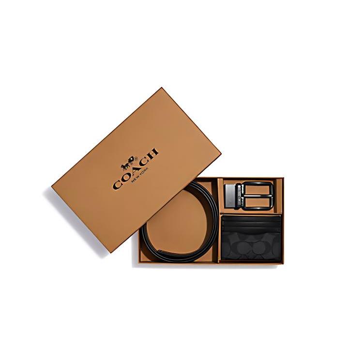 New COACH Boxed Coated Canvas With Refined Cow Leather Belt Card Holder Men's Bronze/Charcoal/Black C8278-QBMI5