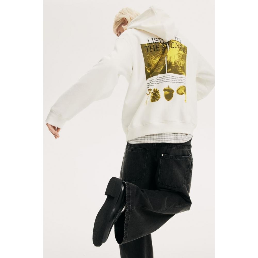 H M Loose Fit Print Hoodie wHite Silence