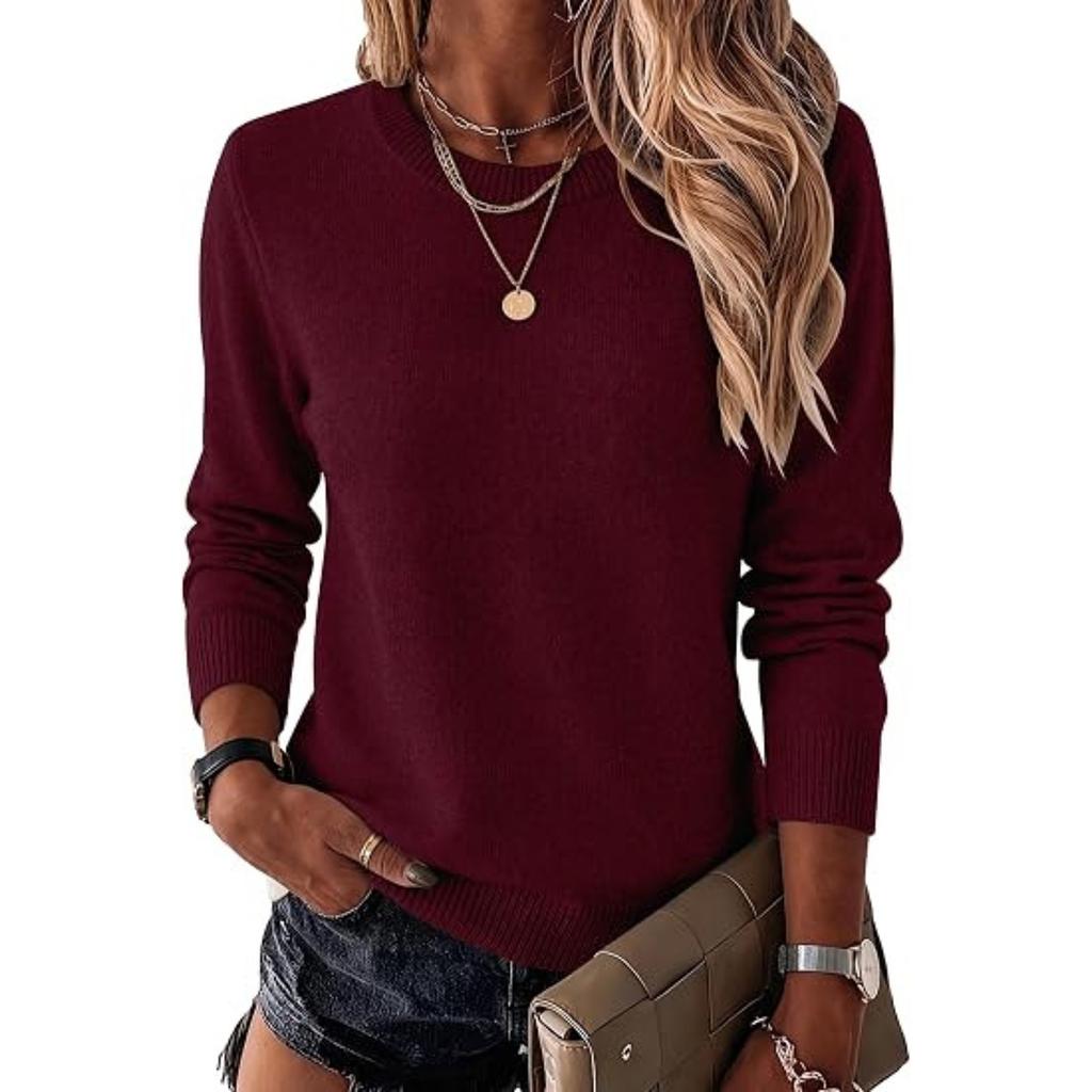 Women's Casual Crewneck Knit Sweater Long Sleeve Color Pullover for Fall Winter