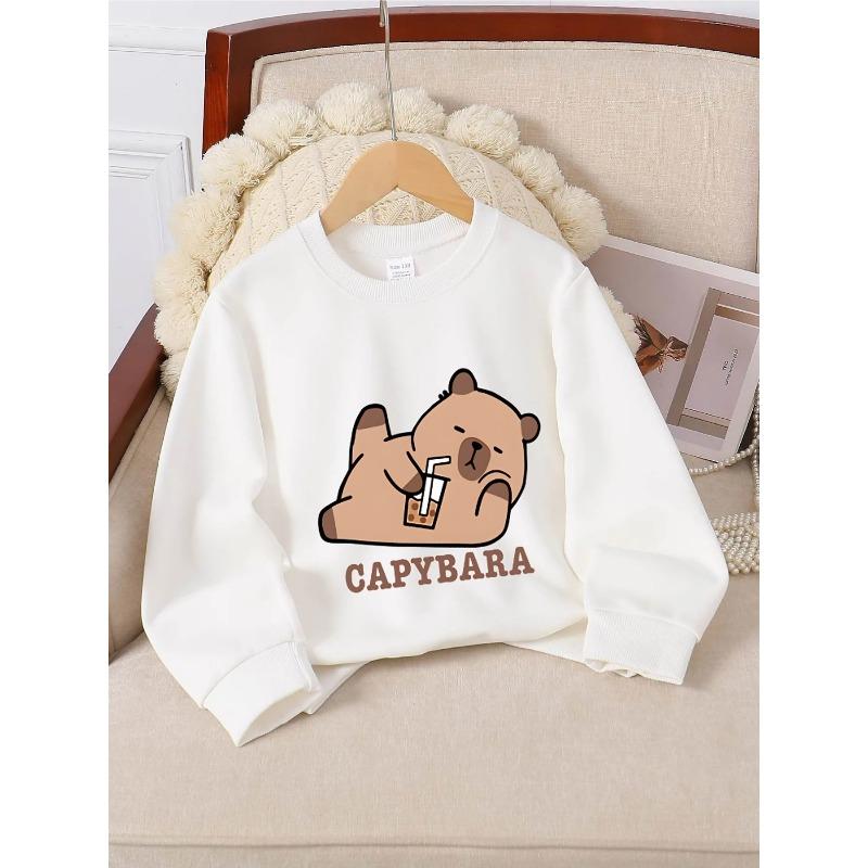 Crewneck Sweatshirt for Girls Featuring a Capybara Enjoying Bubble Tea. It'S Machine Washable, Suitable for Spring And Autumn, Perfect for Sports