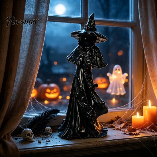 Dark Aesthetic Shelf Ornaments 12 Inch Black Resin Faceless Witch Figurine, Gothic Spooky Robed Statue with Halloween Party Centerpieces Pointed